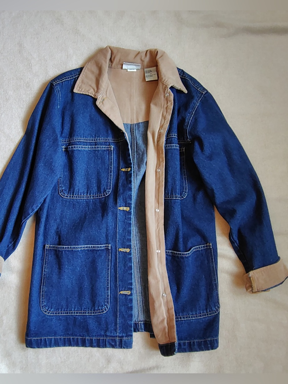 Vtg 90s Denim Chore Coat Jacket Women M Blue Button Front Beige Corduroy Collar